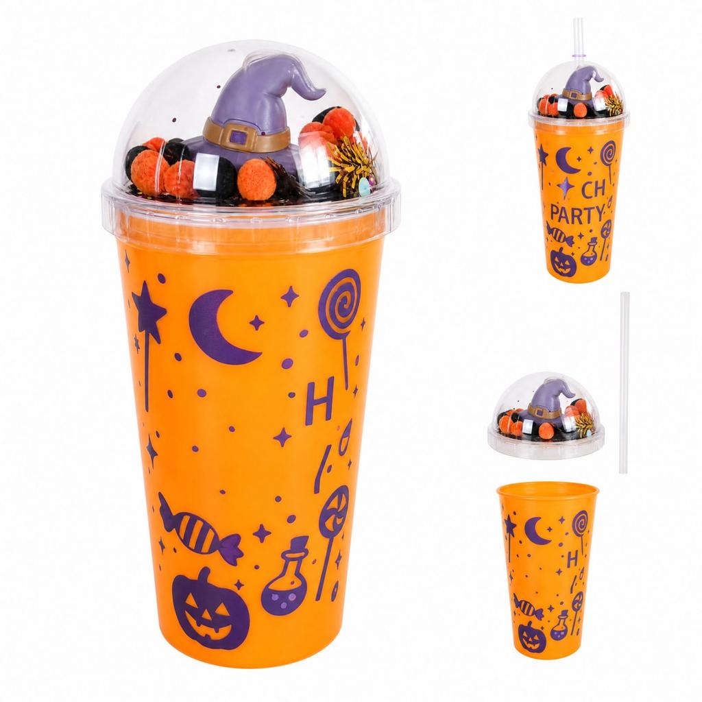 oz Single Wall Plastic Cup with Straw, Light Up Halloween Cup with Cute Doll Design