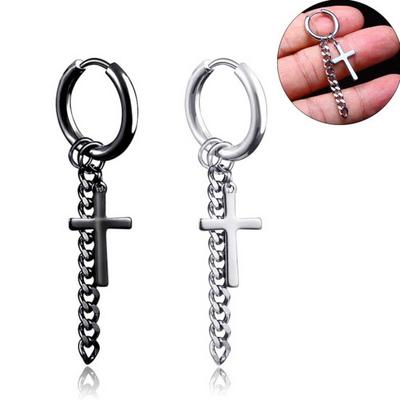 1Pc Men Tassel Chain Cross Charm Ear Clip Hoop Huggie Earring Jewelry