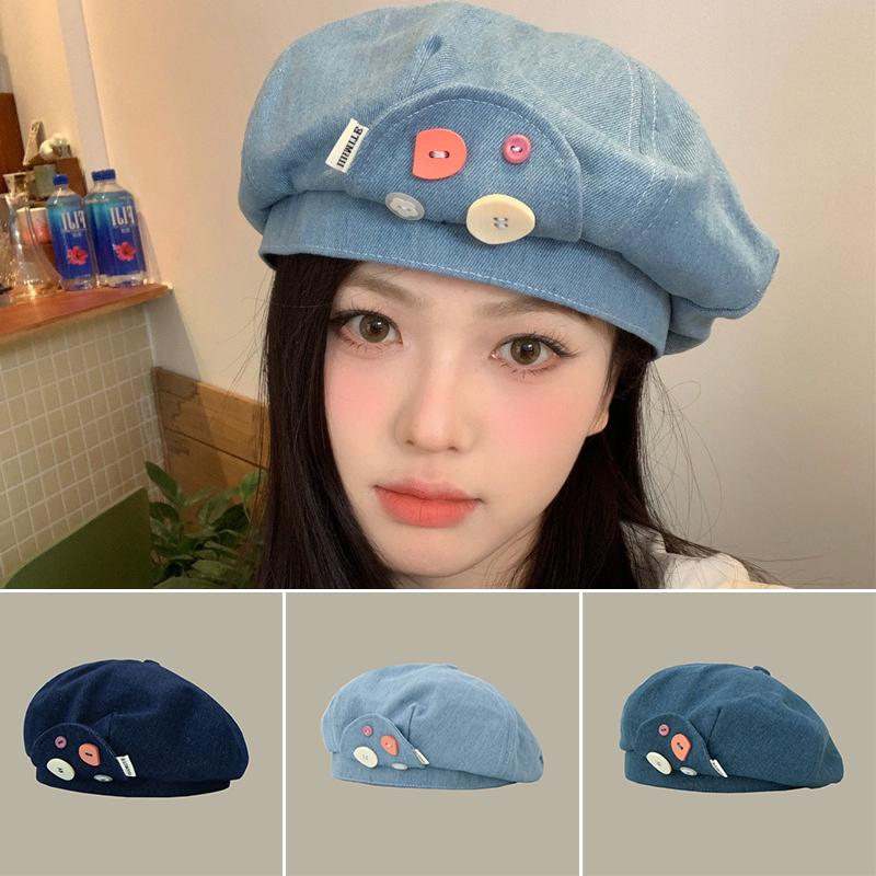 

Женский универсальный берет с пуговицами для художника, ковбойский берет с изображением лица, маленький летний корейский милый