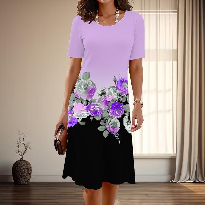 

Женская мода изящный цветочный принт лето весна короткий рукав О-образный вырез повседневные платья 4XL фиолетовый
