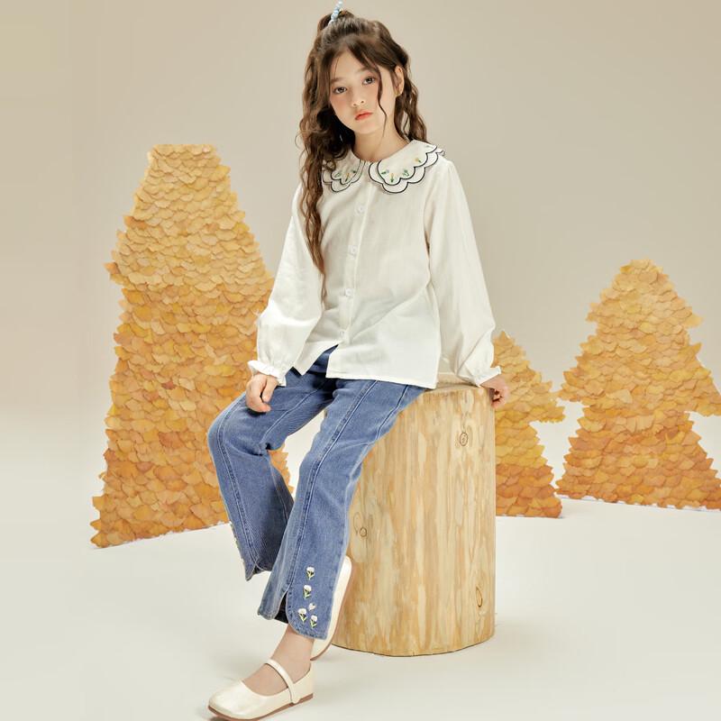 Little Tiger Patty Girls Embroidered Blouse & Denim Set 140 белый