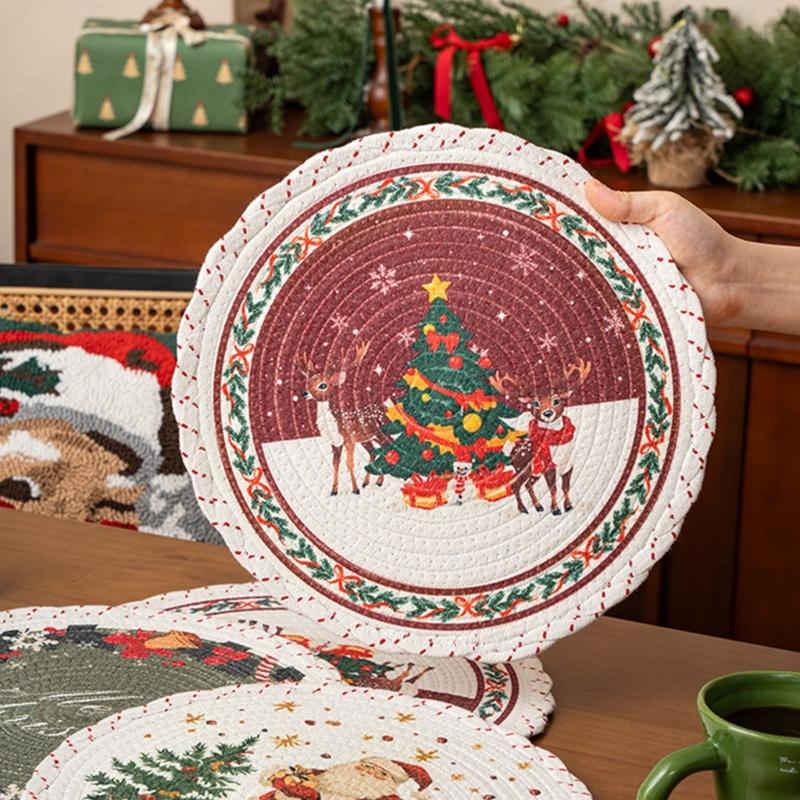 Christmas Snowflake Embroidered Round Table Placemat Heatproof Waterproofs Washable Decorative Dining Accessory