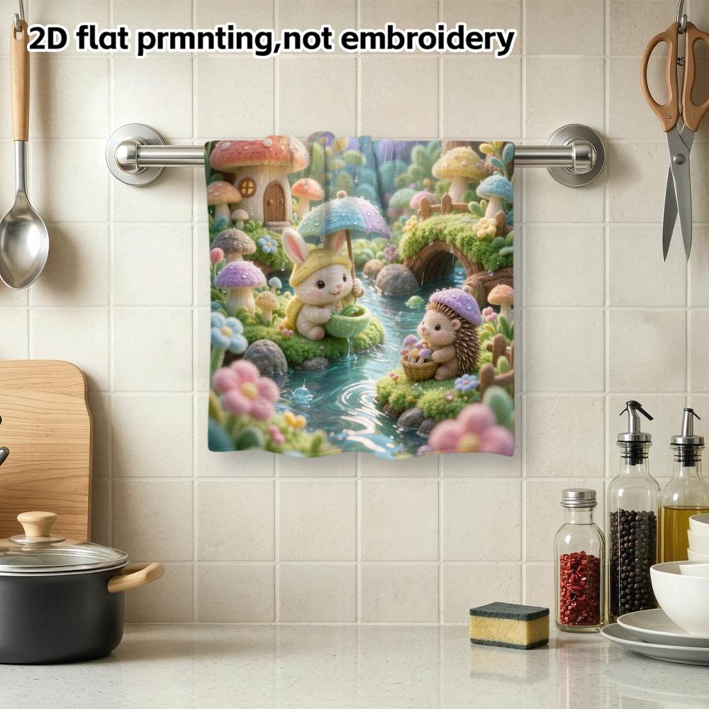 Wool Felt Rainy Forest Bunny Towel, Super Absorbent Bath Towel, Cute Hedgehog Mushroom Kids Hand Towel
