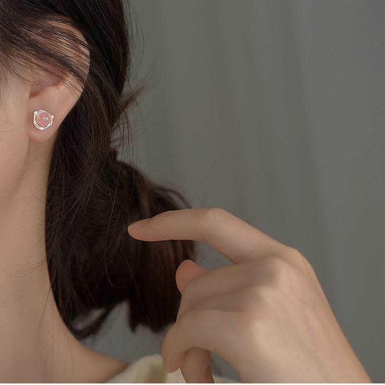 PONYKISS  Sterling Silver Zircon Strawberry Quartz Geometric Stud Earrings for Women Minimalist Fine  Cute Accessories