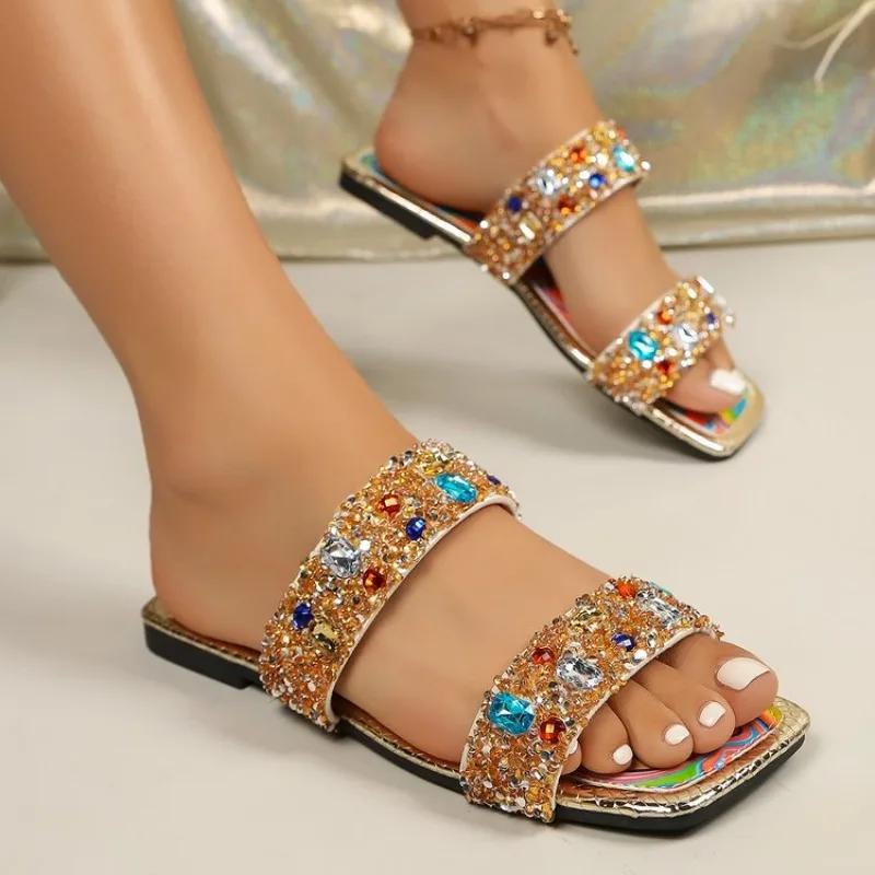 Damen Bunte Strass Flache Hausschuhe Sommer Niedriger Absatz Zehentrenner Sandalen Lässige Outdoor Slip-On Strandschuhe