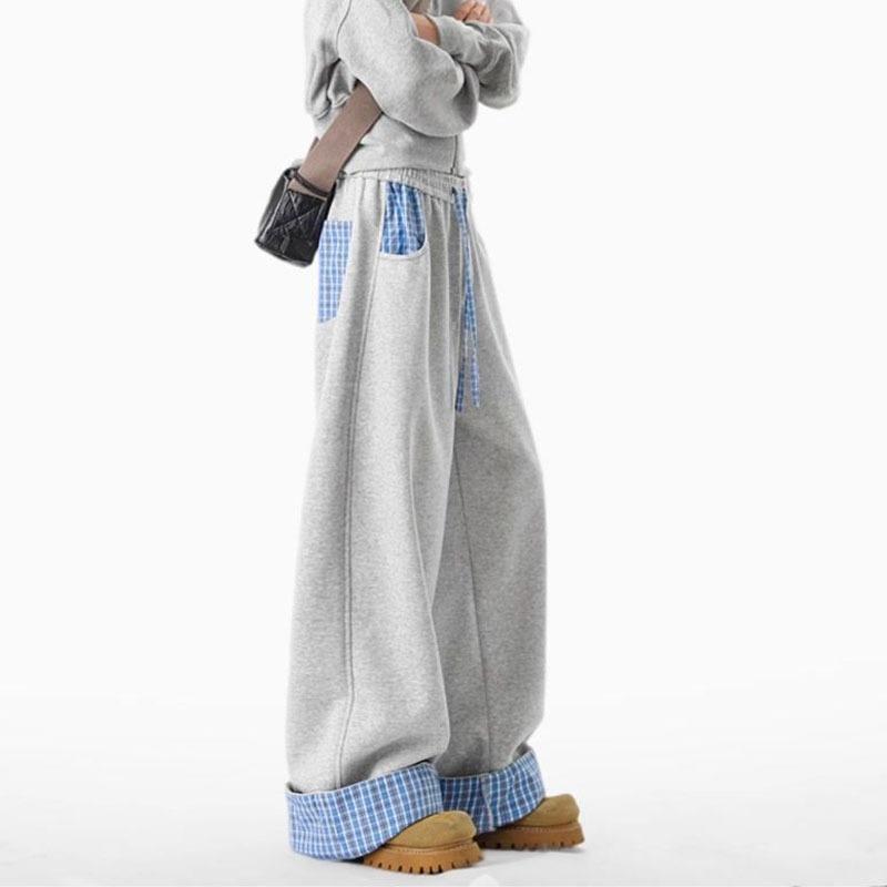 Women Plaid Patchwork Wide Leg Sweatpants Elastic Waist Casual Trousers