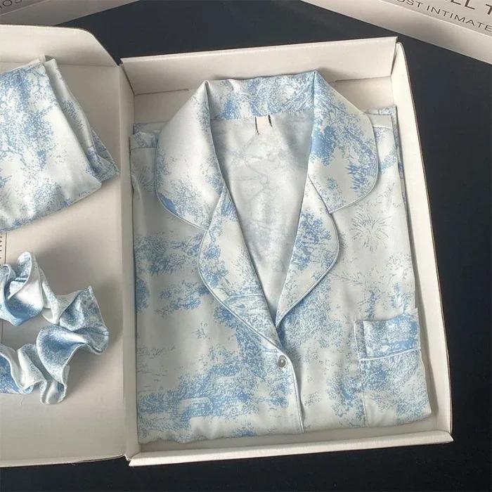 Women's Satin Pajama Set Spring Classic Sandpainting Pajama Set Long Sleeve Button Green Pajama Lounge Pant Women Sleepwear