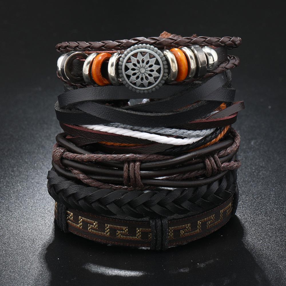 European and American Personalized Retro Men's Leather Bracelet Hand Rope Diy6-piece Set Cowhide Woven Retro Bracelet with Jewelry