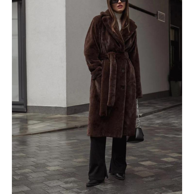 Dámský podzimní zimní zahuštěný dlouhý kabát z norkového sametu, luxusní bunda z imitace králičí kožešiny s páskem, klopami, trenčkot