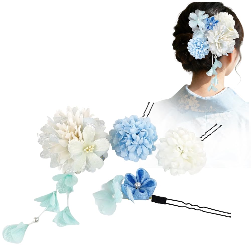 FASELE Japanese-style Hair Ornament Set: Artificial Flower Hairpins, U-pins, Fringe, Ping Pong Chrysanthemum Hair Clips, Popular for Coming-of-Age