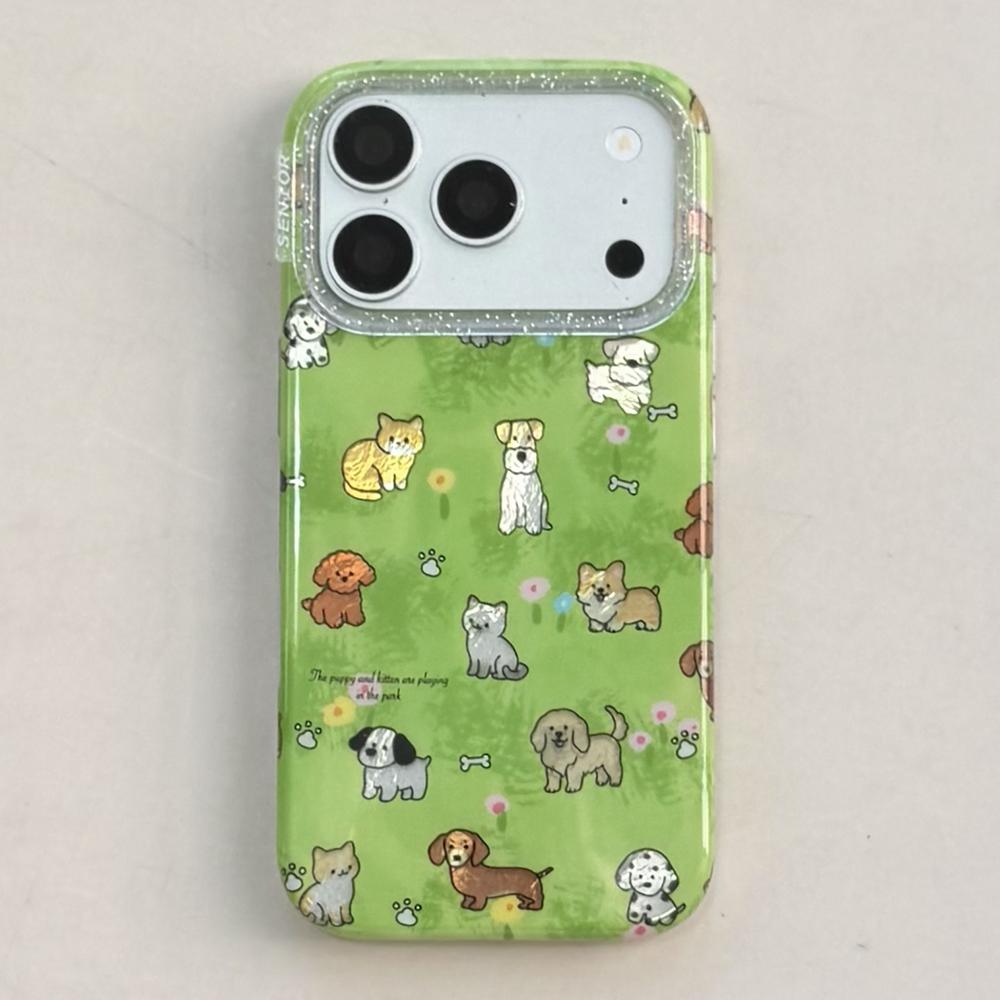 

Cute Grassland Dog Cartoon Animals Bling Phone Case For iPhone 17pro 17ProMax 16 15 14 pro max 13 Glitter Shockproof Soft Cover iPhone 13
