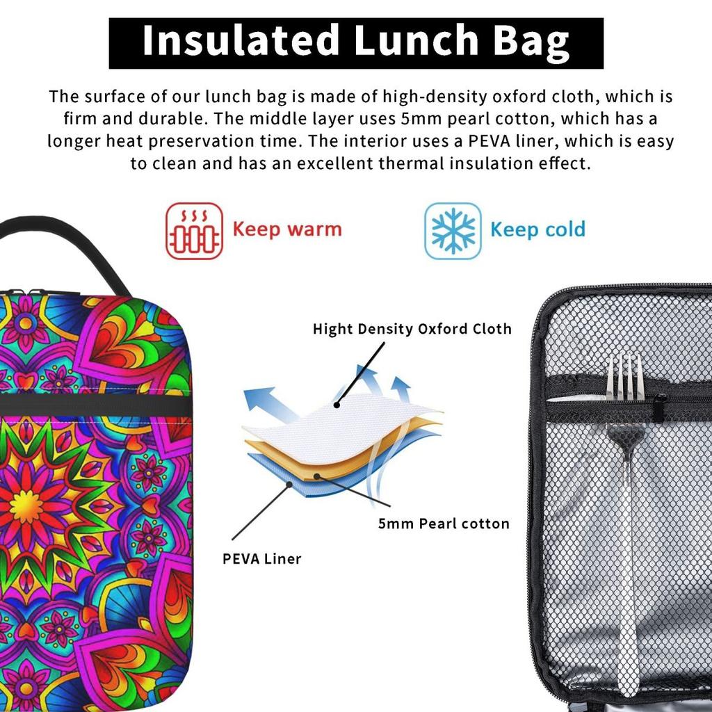 Psychedelic Summer Color Mandala Print Insulated Lunch Bag for Women Children Portable Food Boxes Thermal Lunch Box Tote