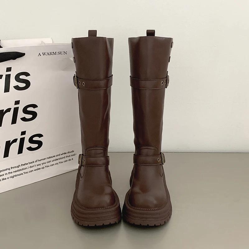 Winter Platform Women Thigh High Boots Fashion Belt Buckle Long Booties Vintage Square Low Heels Ladies Shoes