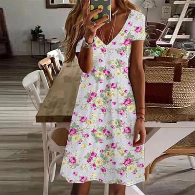 Yaz Modası Kadın V Yaka Kısa Kollu Çiçek Baskılı Elbise Sex Kısa Etek Elbiseler