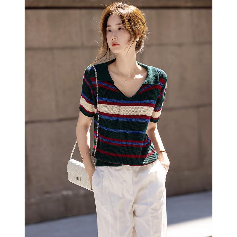 Demana Women s V-Neck Striped Knit Top M