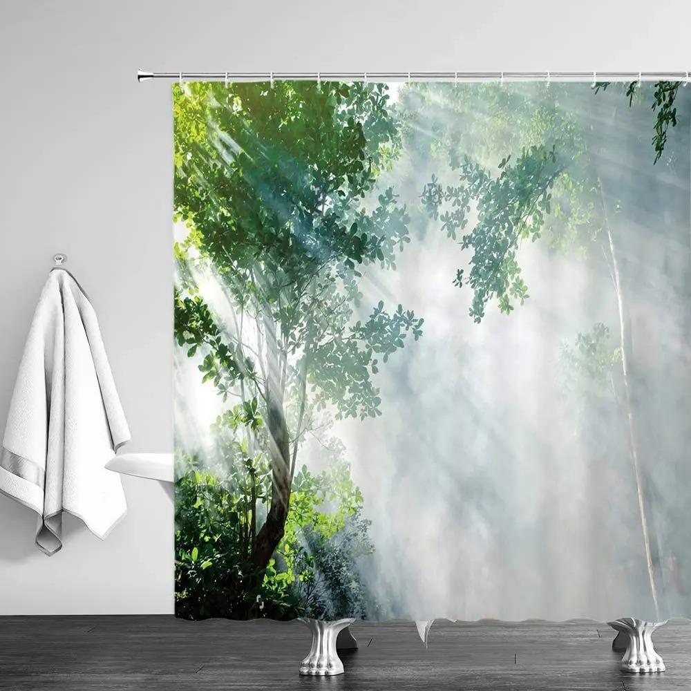 Landscape Waterfall Shower Curtain Tropical Jungle Plant Water Green Waterproof Curtains Nature Scenery Bathroom Decor Set Hooks