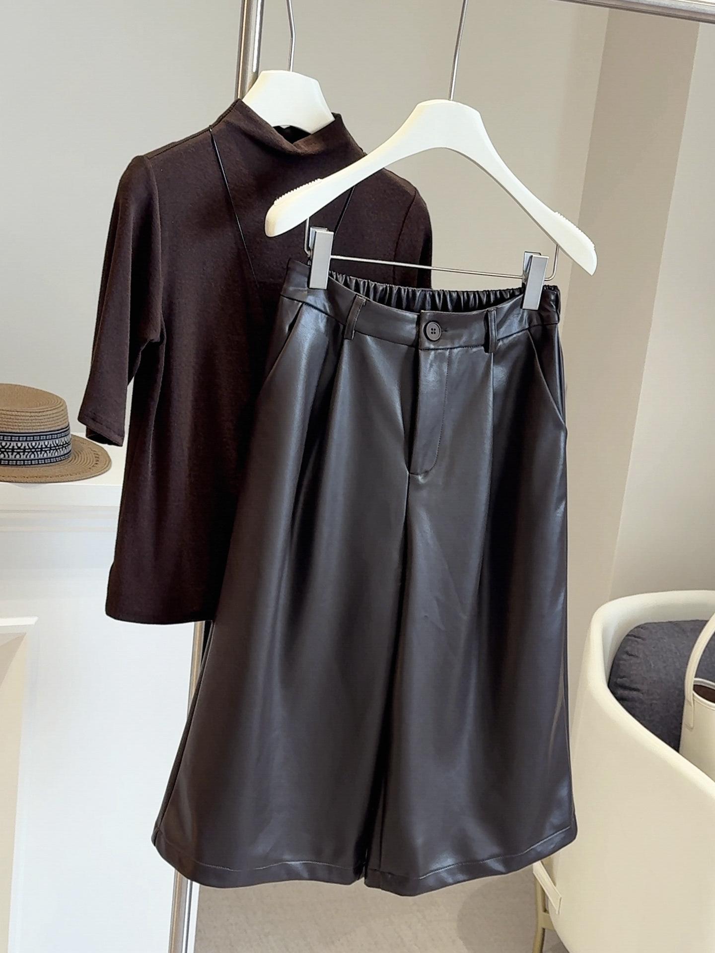 

High-End Black PU Leather High-Waist Slimming Straight-Leg Bootcut Pants for Women - Fall/Winter 2025 Collection Large