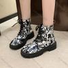 Fashion Comemore 2025 New Autumn Boots Graffiti Women's Shoes Printed Cartoon Lace-up Leather Ankle Boots Punk Style Thick Heeled Botas
