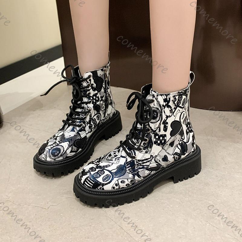 Fashion Comemore 2025 New Autumn Boots Graffiti Women's Shoes Printed Cartoon Lace-up Leather Ankle Boots Punk Style Thick Heeled Botas