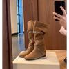 Cowhide version, height increased by 0cm~ Korean round head buckle with soft folds and thin medium boots Women's high-heeled boots