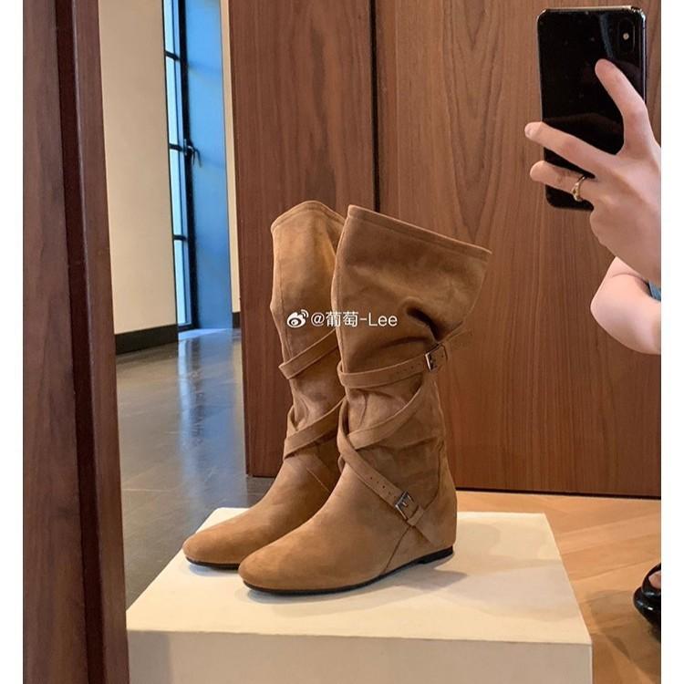 Cowhide version, height increased by 0cm~ Korean round head buckle with soft folds and thin medium boots Women's high-heeled boots
