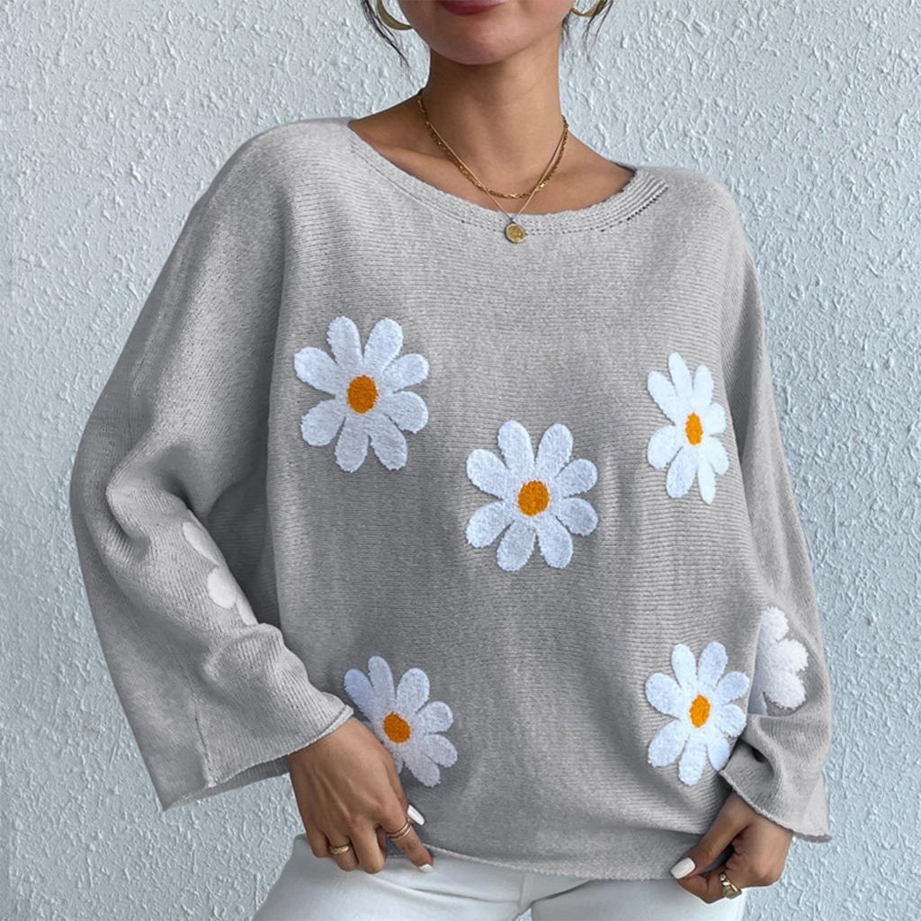 Women's Fashion Casual Flower Print Loose  Sleeve Knitwear Top Sweater