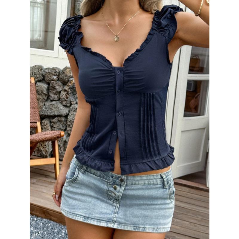 Summer Short Sleeved Rufffled Women Vest Sweet Slim Fit Blouse Solid Color Simple Pleated V Neck Shirts Fashion Elegant Women's Clothing