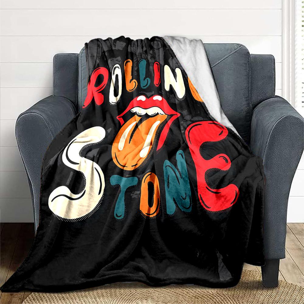 1pc Rolling Stone Flannel Blanket [Cozy Throw Blanket] For Sofa, Bed, Travel, Camping, Livingroom, Office, Couch, Chair, And Bed