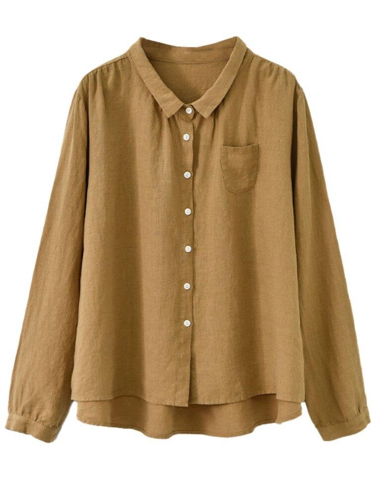 

Johnature женские повседневные льняные рубашки сплошной цвет с длинным рукавом осенние блузки на пуговицах винтажные свободные женские рубашки One Size жёлтый