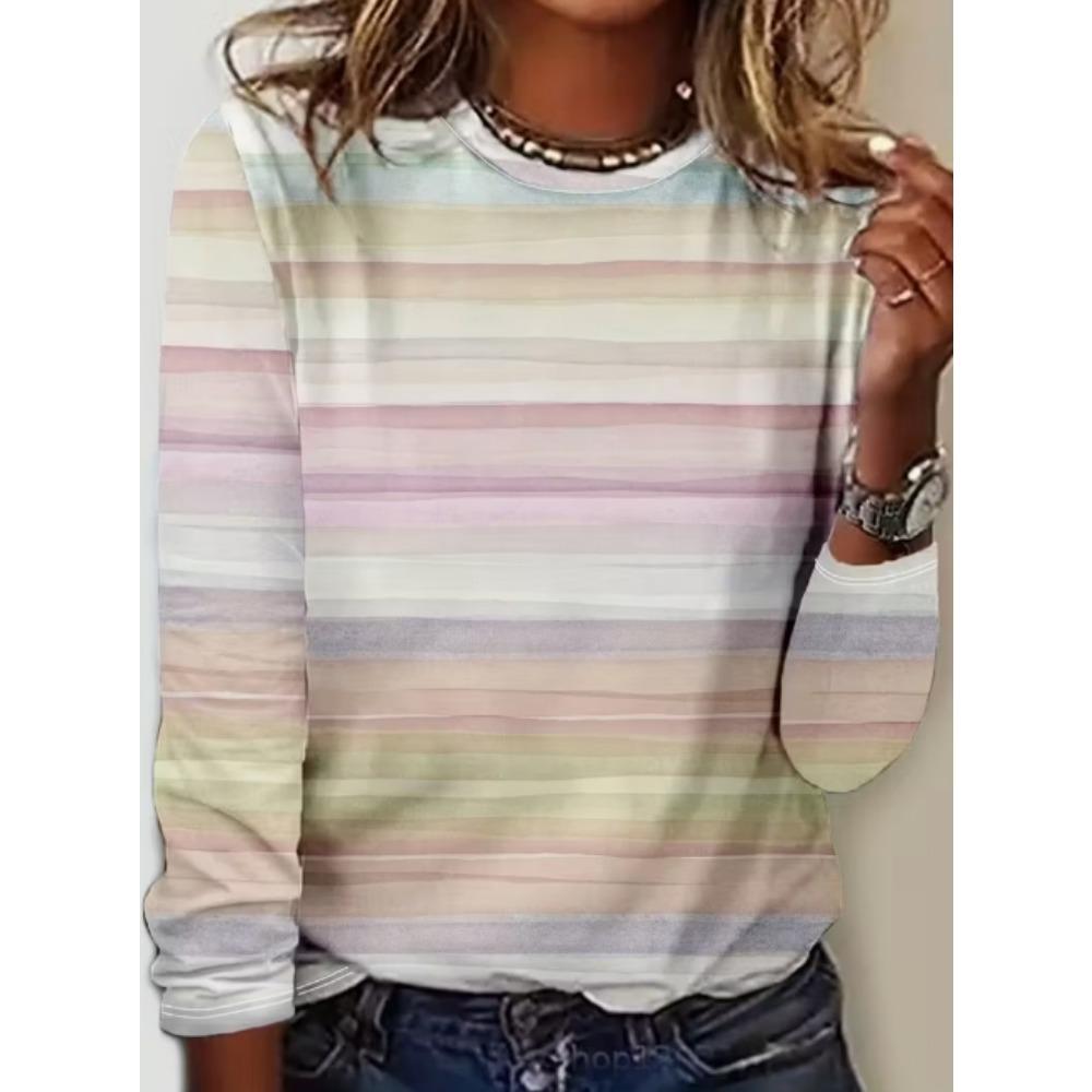 Women's T-Shirt Casual Long Sleeve Stripe Pattern Print Crew Neck Female Oversized Clothing Outdoor Vintage T Shirts