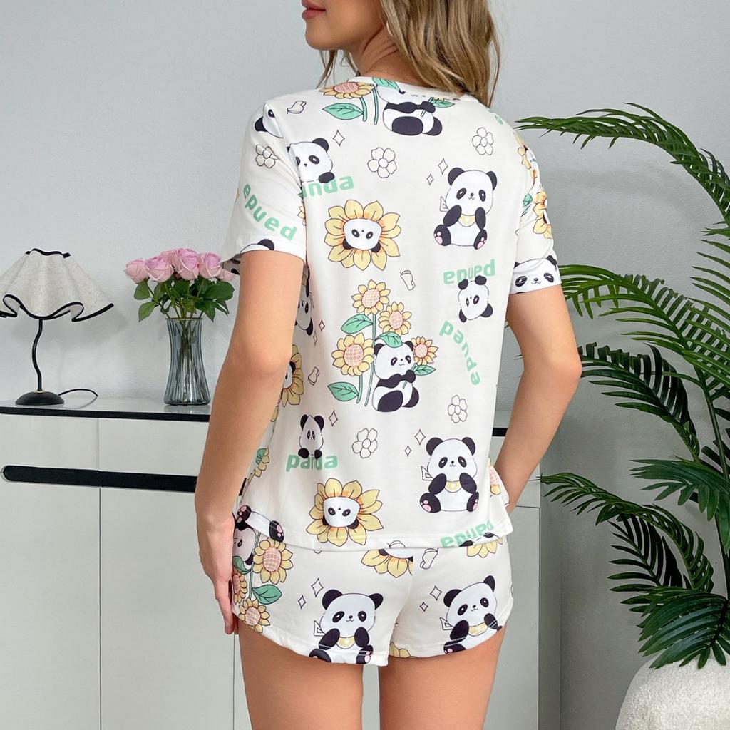 Letni uroczy kreskówkowy nadruk pandy Cienki zestaw piżamy dla kobiet Odzież domowa Seksowny luźny top z krótkim rękawem i szorty Zestawy 2-częściowe Pijamy Odzież do spania