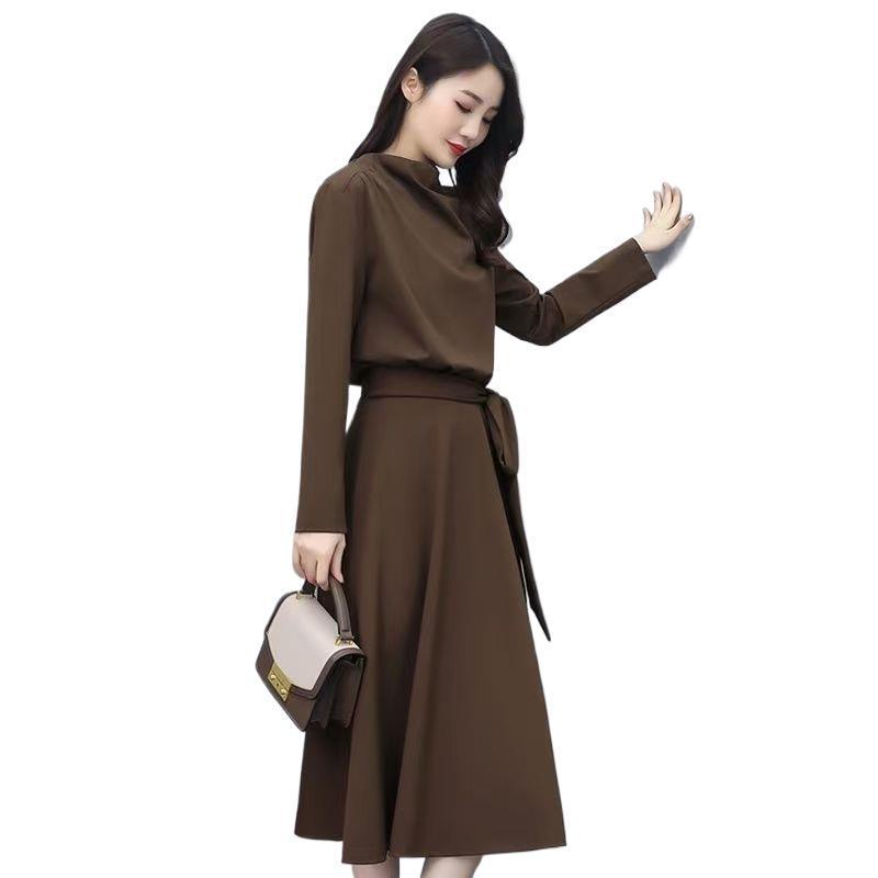 Elegant A-line Long Sleeve High Neck Dress with Bow Tie for Women - Spring/Autumn Collection
