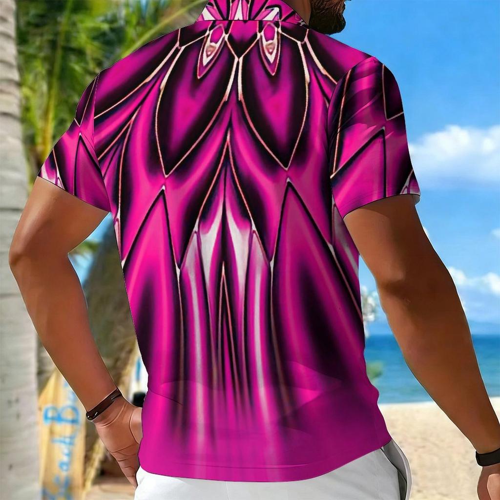 Women Short Sleeve Polo Shirt Black Red White Gold Chain Lock Key Print Half Zip Lapel Top