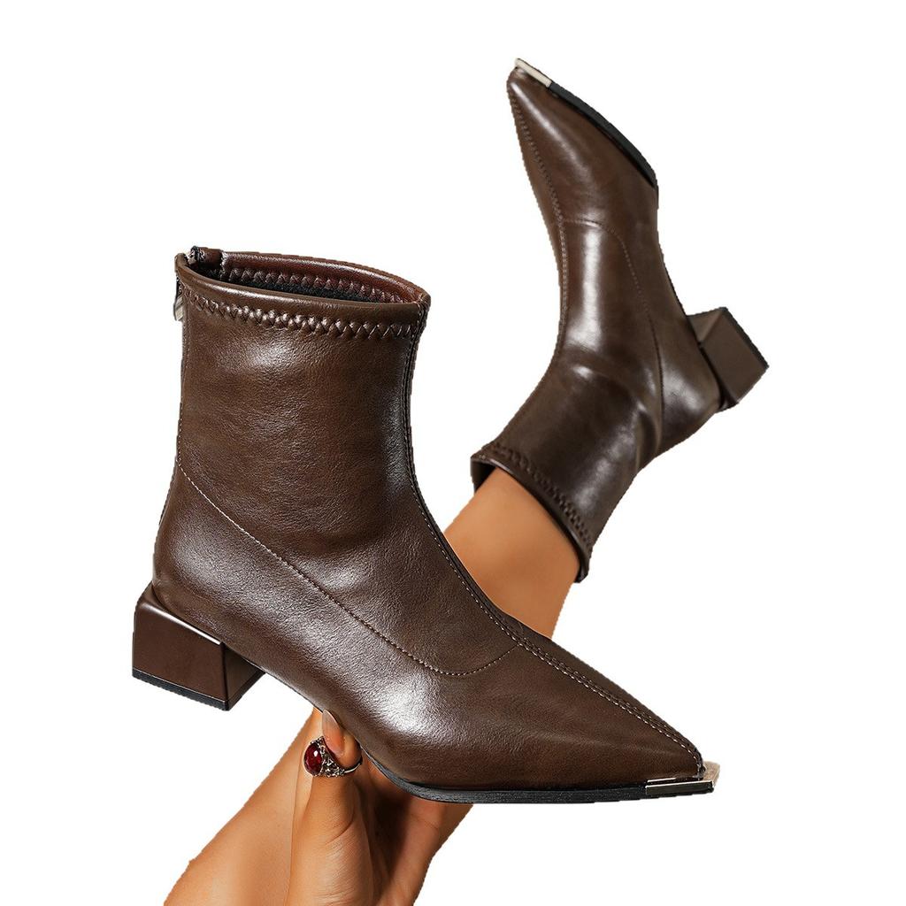 Pointed Short Boots Women's Rear Zipper Temperament Bare Boots Thick Heel Autumn and Winter New French Leather Boots High Heel Thin Boots