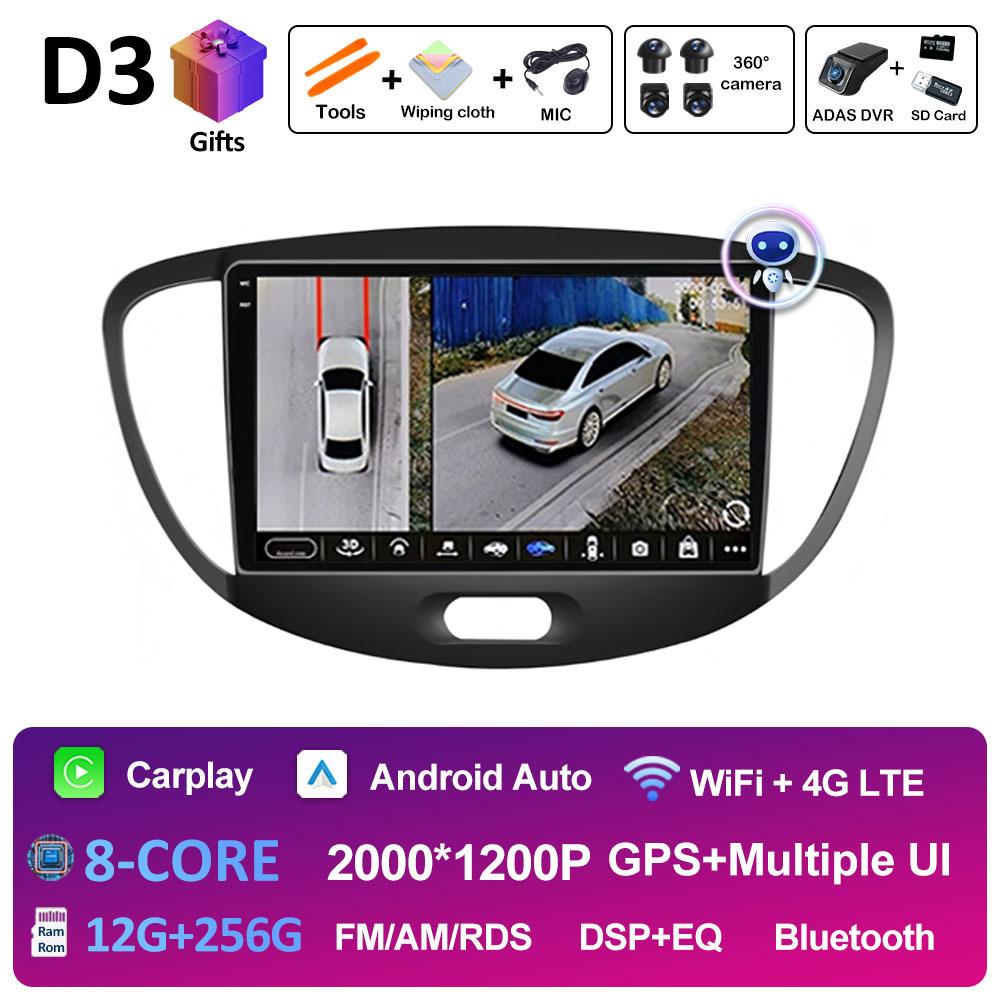 For Hyundai I10 2007 2008 2009 2010 - 2013 Android 14 Wireless Carplay GPS Navigation QLED IPS Screen Bluetooth WIFI Accessories