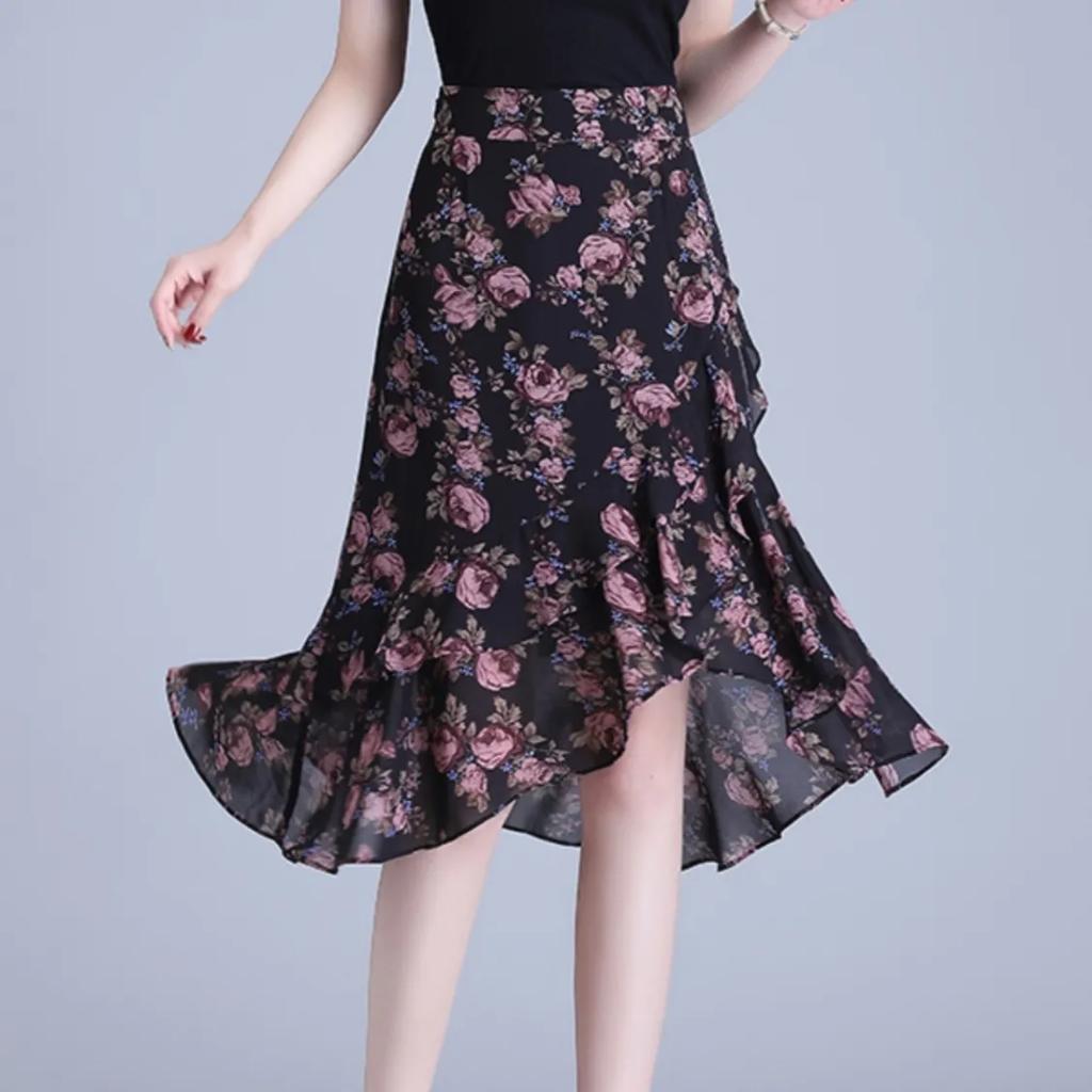 Women's Summer Asymmetrical Fishtail Skirt: Floral Print, Asymmetrical Ruffles, Elegant and Flattering Midi Skirt