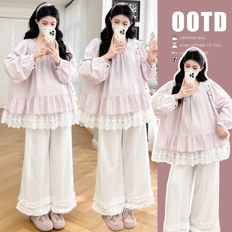Spring 2026 Maternity Set: Fresh Patchwork Shirt & Adjustable Pants XXL