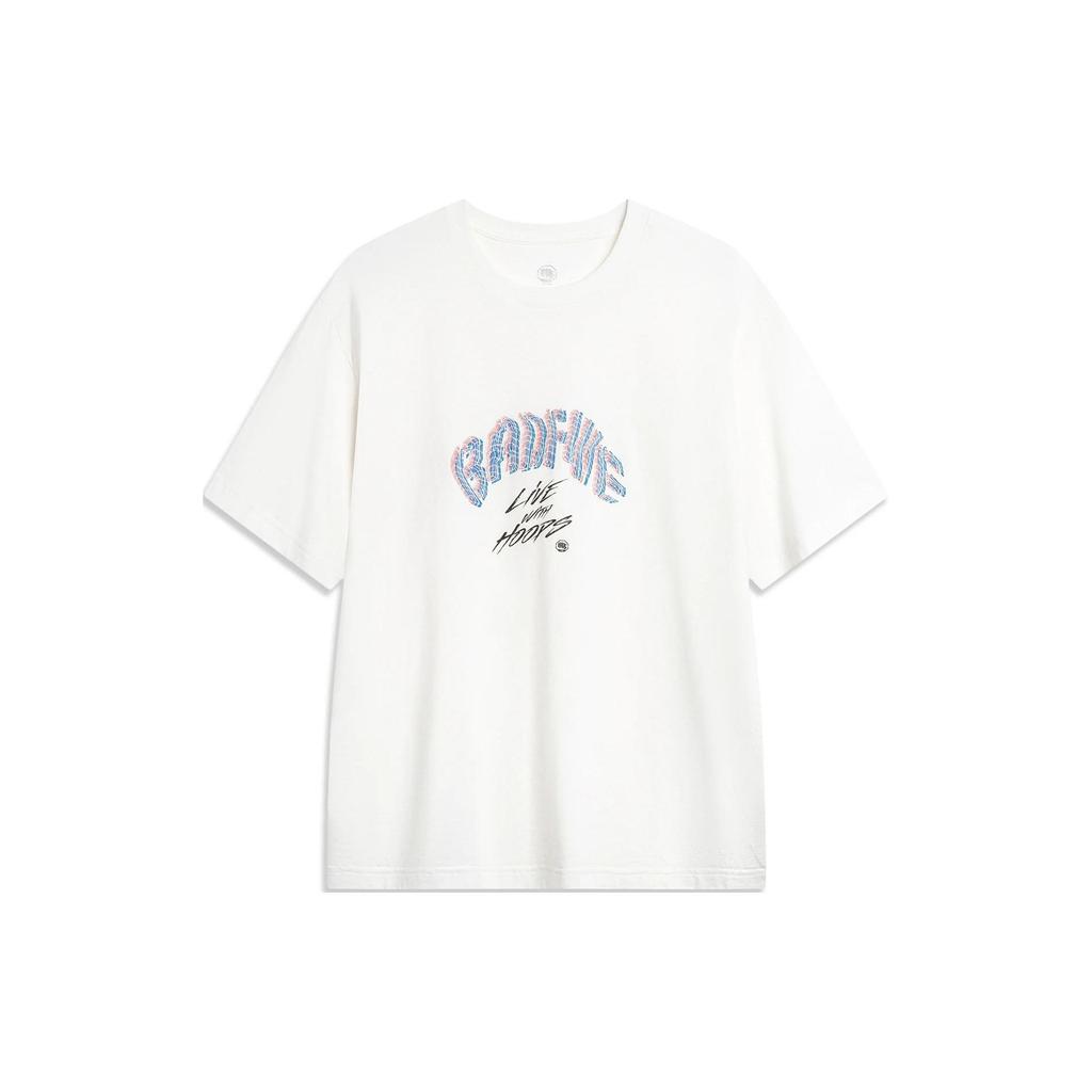 Li Ning Badfive High Street American Vintage Letter Round Neck Pullover Early Spring Short Sleeve T-Shirt Men T-Shirts Off-White AHSU427-2