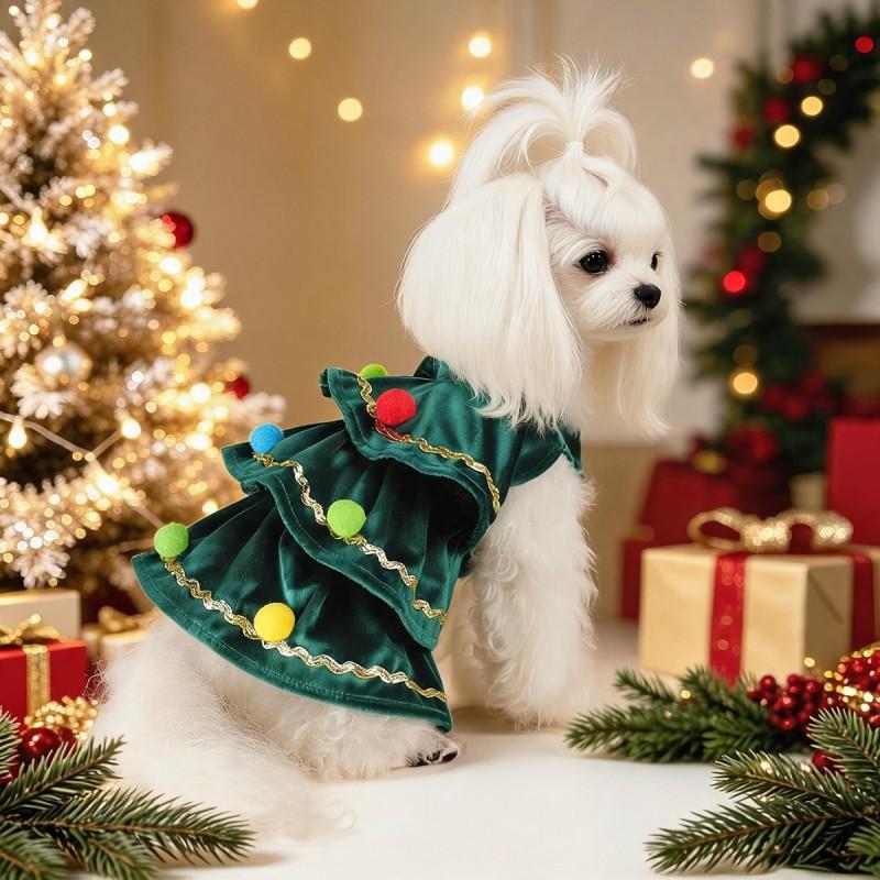 Pet Christmas Tree Costume Dress Dogs Cats Holiday Party Outfit Yorkie Bichon Frise Festive Apparel