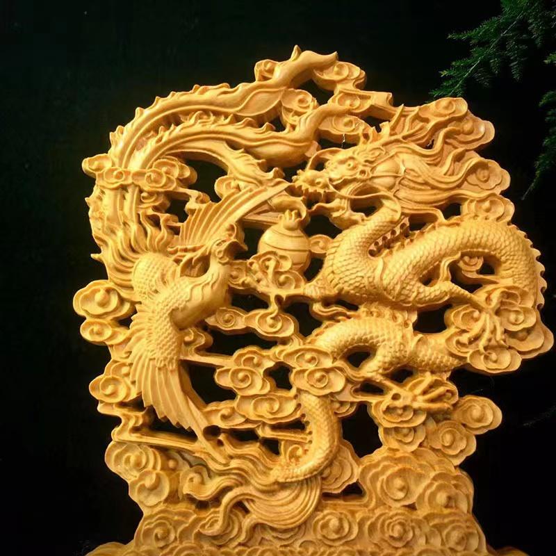 Wood Carving  Dragon, Phoenix Decorative Statue Chinese Mascot Mythical Beast Home and Office Decoration Ornaments