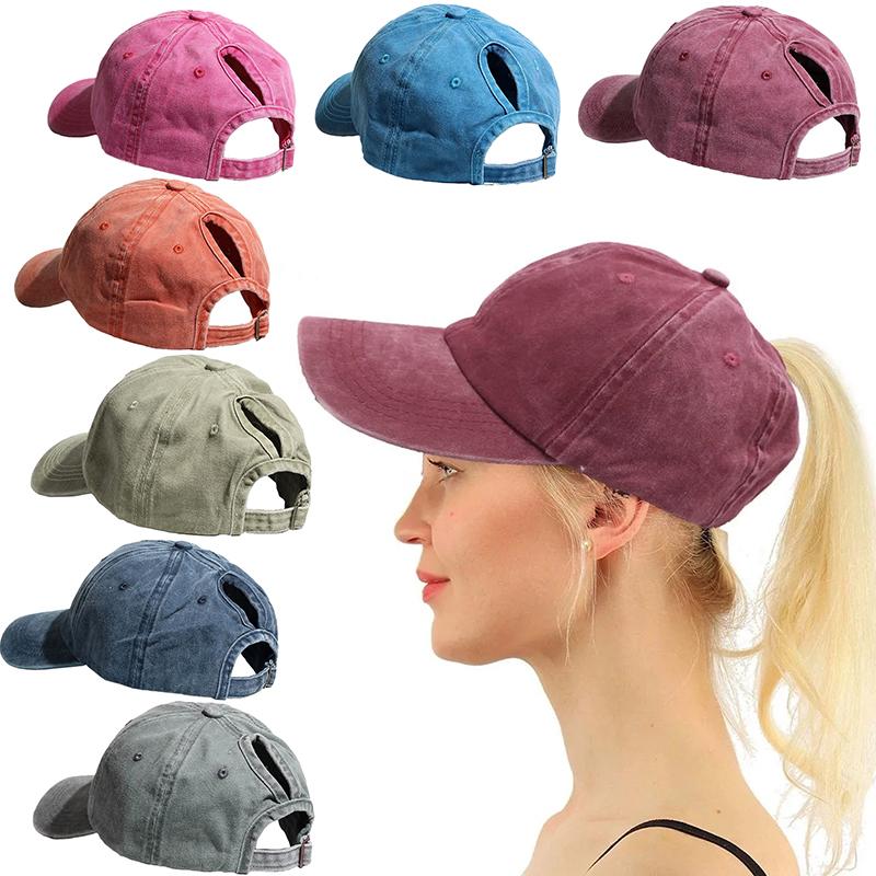1Pc Women's Soft Hole Crossing Simple Cotton Washed Top High Ponytail Hat Baseball Cap