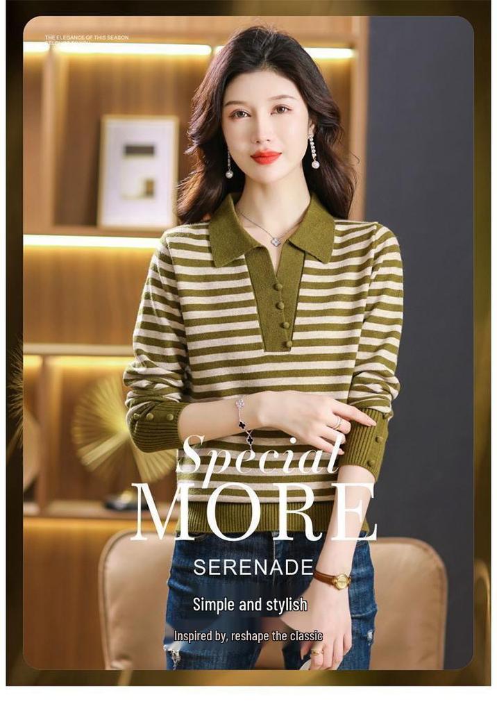 Stylish Women's Lapel Knit Sweater - Spring/Autumn Short Pullover for Middle-aged