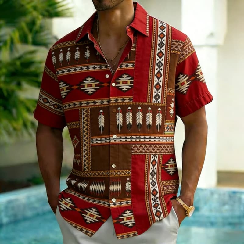 Men's Fashion Ethnic Print Short Sleeve Button Down Shirt Trendy Summer Style For Vacation Party Gathering Daily Commute