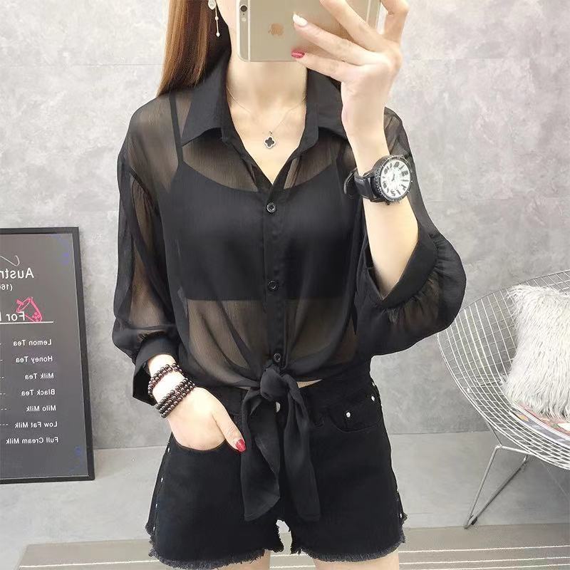 

Summer new women s clothing loose cardigan shawl thin versatile chiffon sunscreen jacket women s shirt tide One size fits all 40-65kg чорний