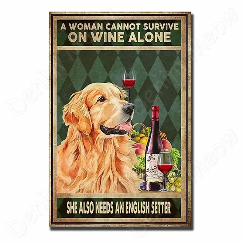 Vintage Bulldog Tin Sign for Home Wall Decor, A Woman Cannot Survive On Wine Alone, Funny Cat, Dog Metal Sign, Bar Decor