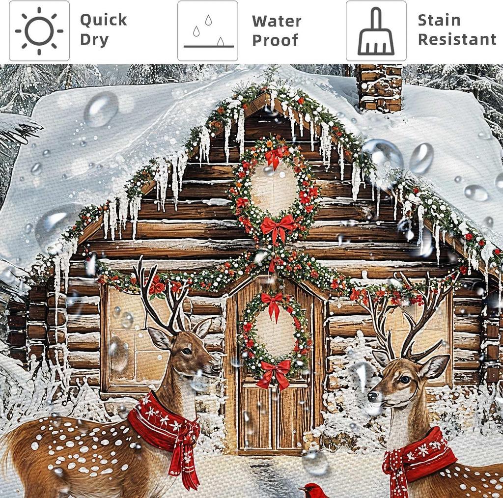 Winter Christmas Shower Curtain,Cute Deer Snow Forest Pine Tree Scene Polyester Bathroom Accessories,Xmas Snowflake Holiday Gray