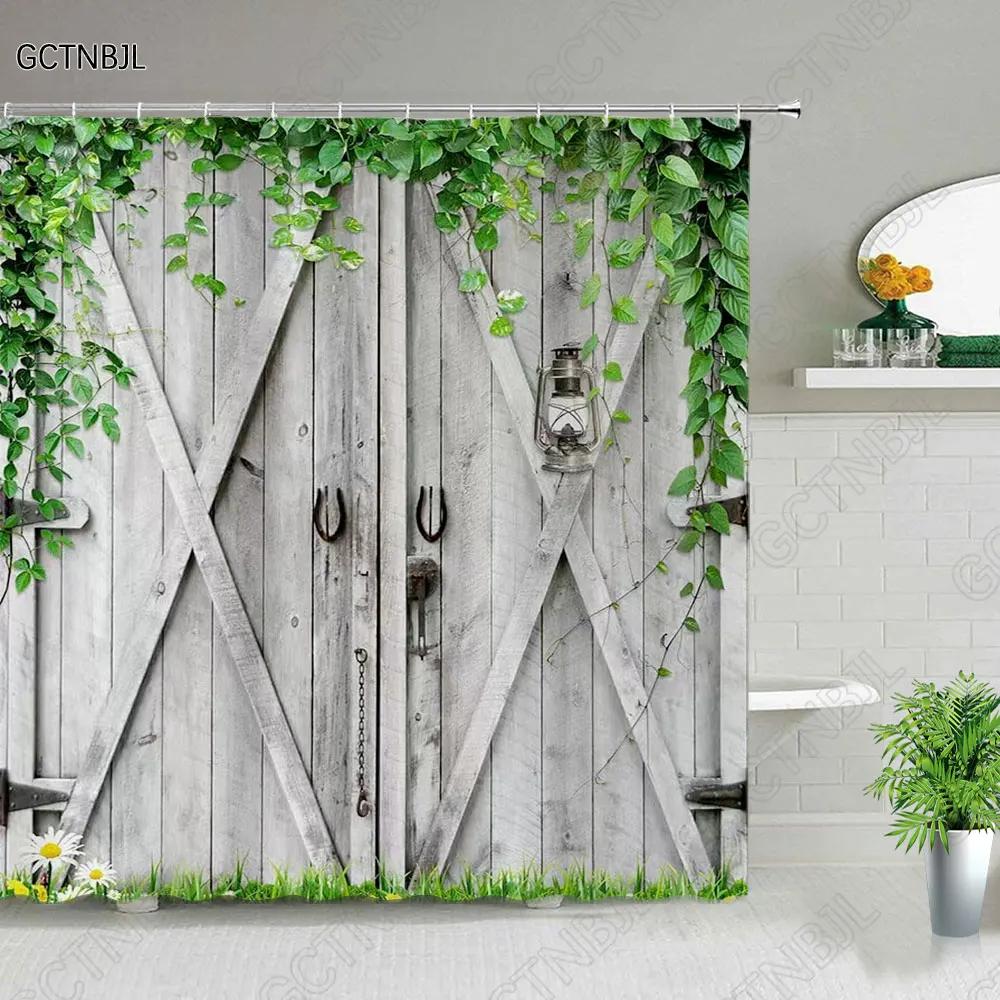 Retro Holz Türen Duschvorhang Set Rustikal Alt Vintage Scheunentor Stoff Badezimmervorhänge Bauernhaus Baddeko Badwände Haken