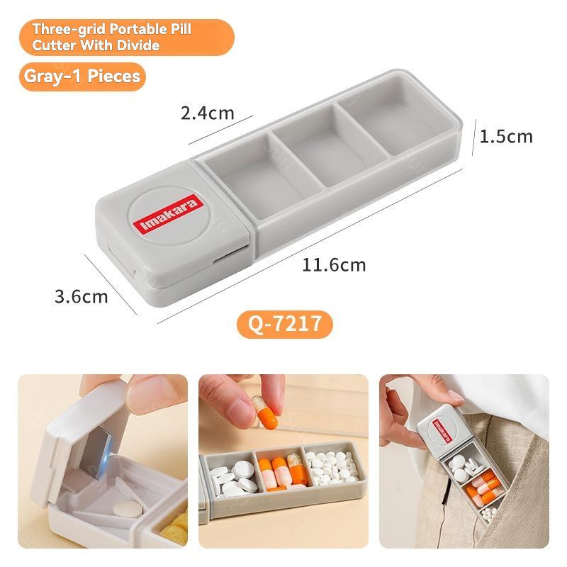 3 in 1 Portable Pill Cutter and Organizer Case with Stainless Steel Blade 3 Compartment Medicine Box Moisture Proof Storage серый