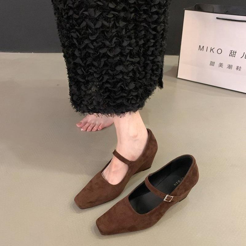 Spring and Autumn with Evening Wedge Heel Suede Shoes High Heels Skirt Retro Autumn Mary Jane Single Shoes Women s New 34