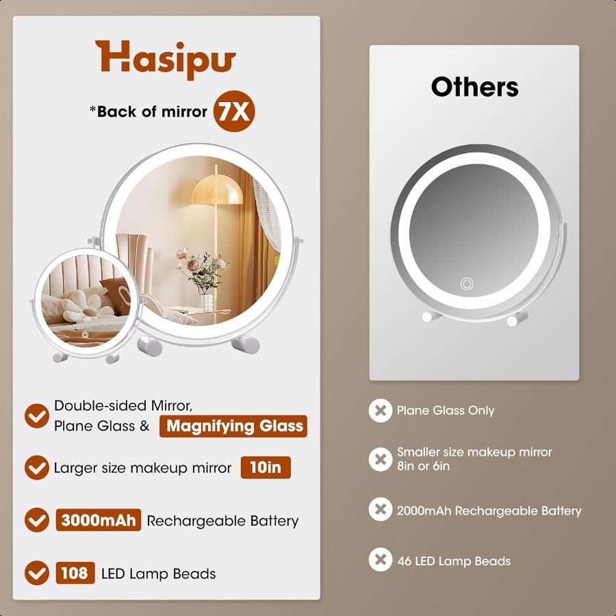 10inch Lighted Makeup Mirror with Magnification White Frame Rechargeable 3000 mAh Vanity Mirror with Lights Desk Mirror with Di